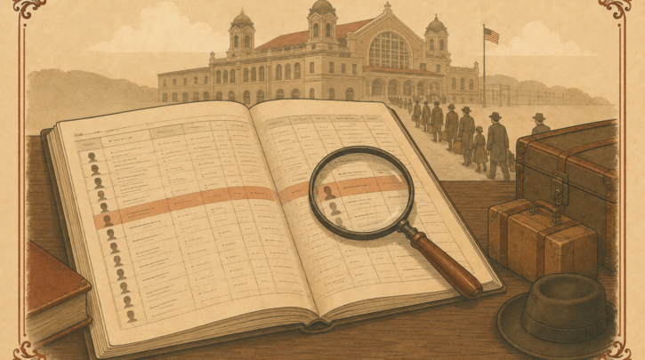 Illustration of an Ellis Island passenger manifest being examined