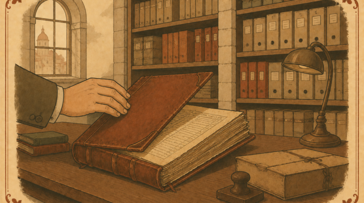 Illustration of researching records in person at an Italian archive