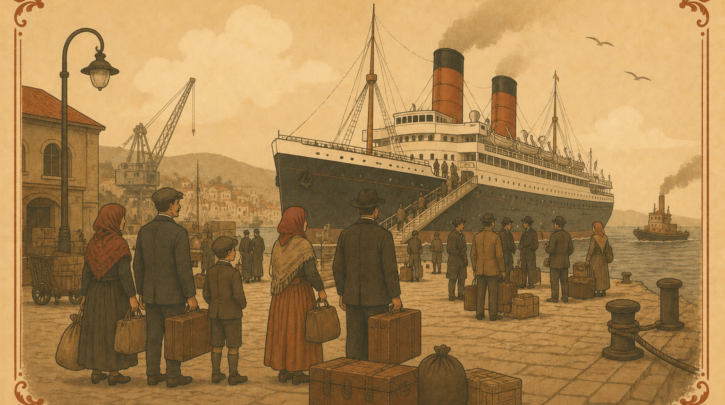 Illustration of emigrants departing from an Italian port