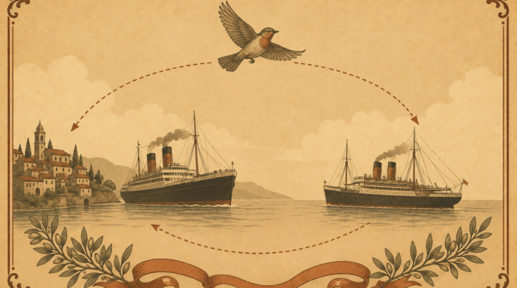 Illustration of Italian emigrants returning home, the 'birds of passage