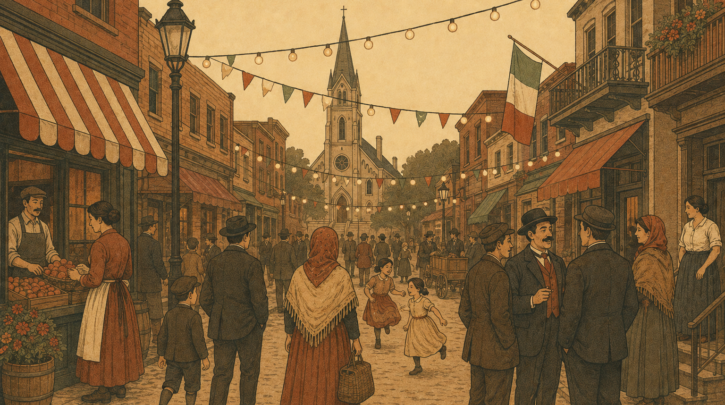 Illustration of a historic Little Italy immigrant neighborhood