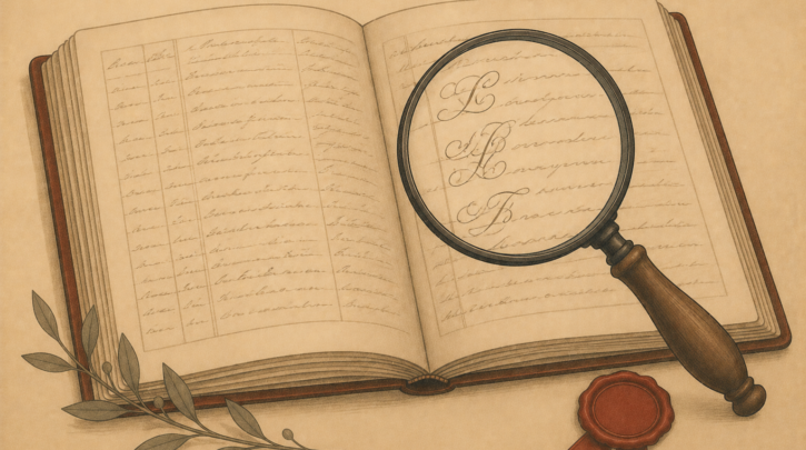 Illustration of reading old Italian and Latin genealogy records