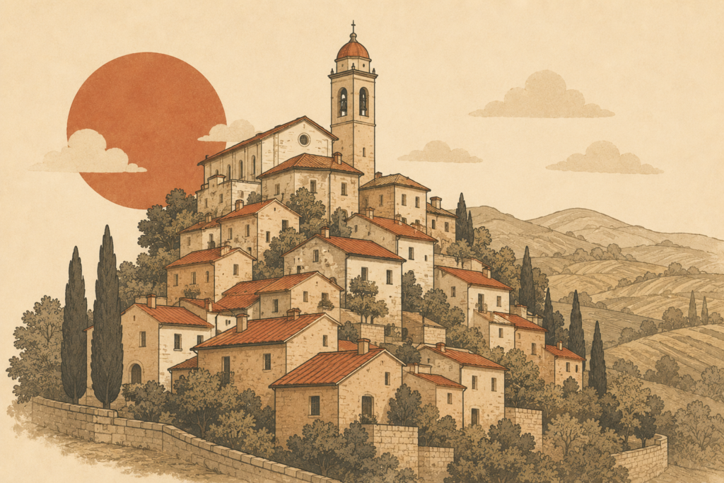 Illustration of a traditional Italian hillside ancestral town