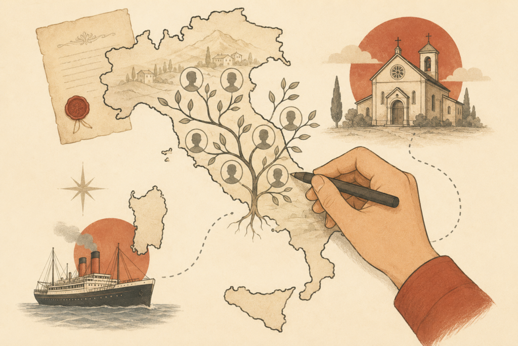 Illustration of an Italian family tree traced across a map of Italy